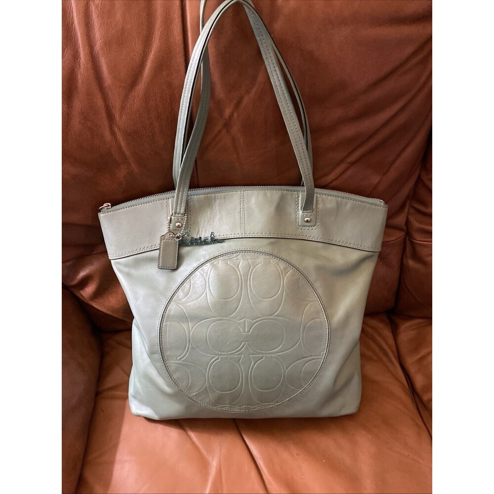 Coach F18336 Laura Leather Tote Bag Teal Green Shirt Signature “C’s” in Circle